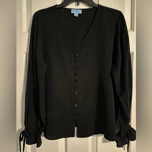 CeCe Long Sleeve V-Neck Tie Sleeve Blouse Black Large GUC